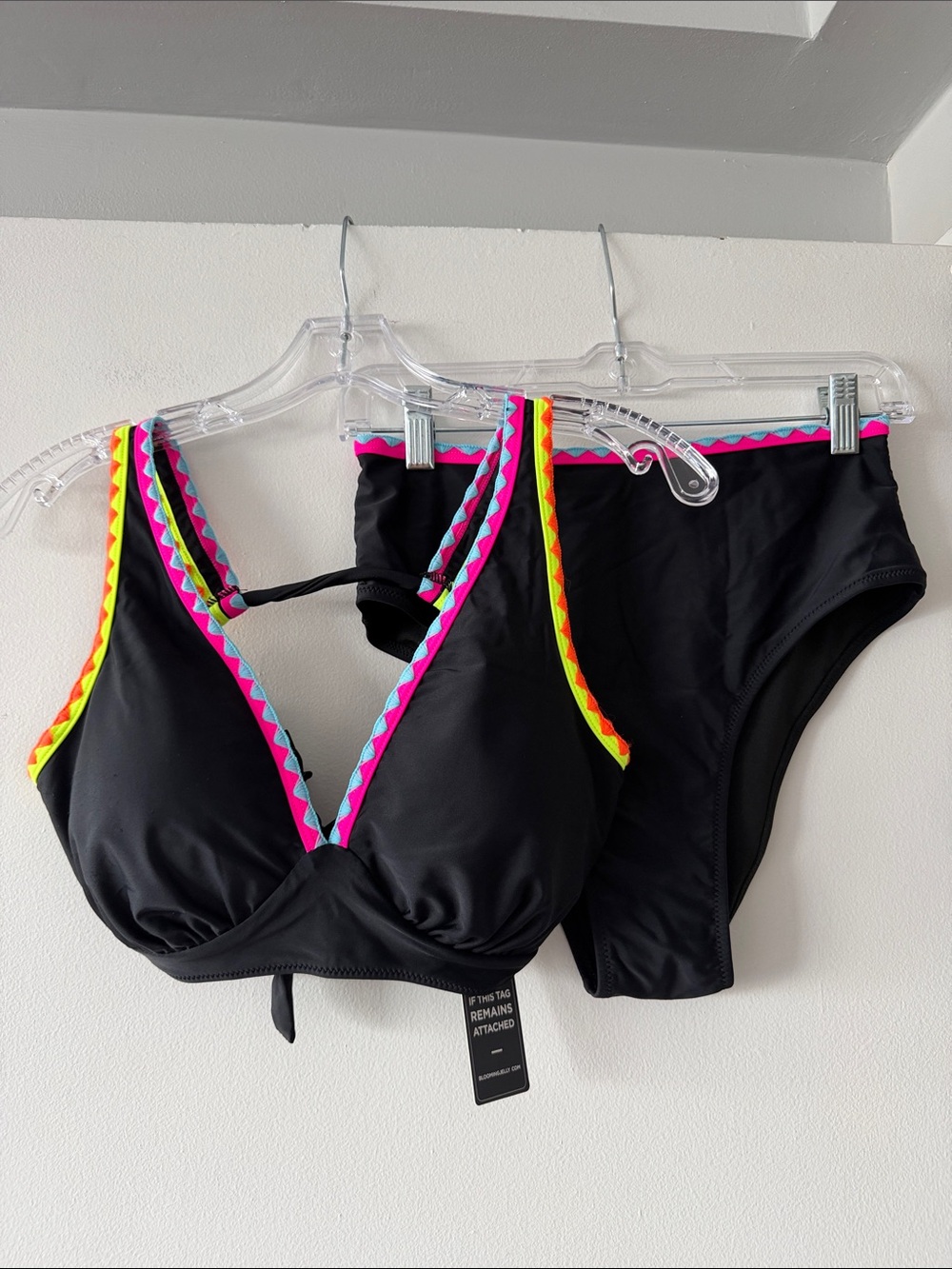 NWT Blooming Jelly Black Neon Embroidered High Waist Bikini Set Size M 2-Piece